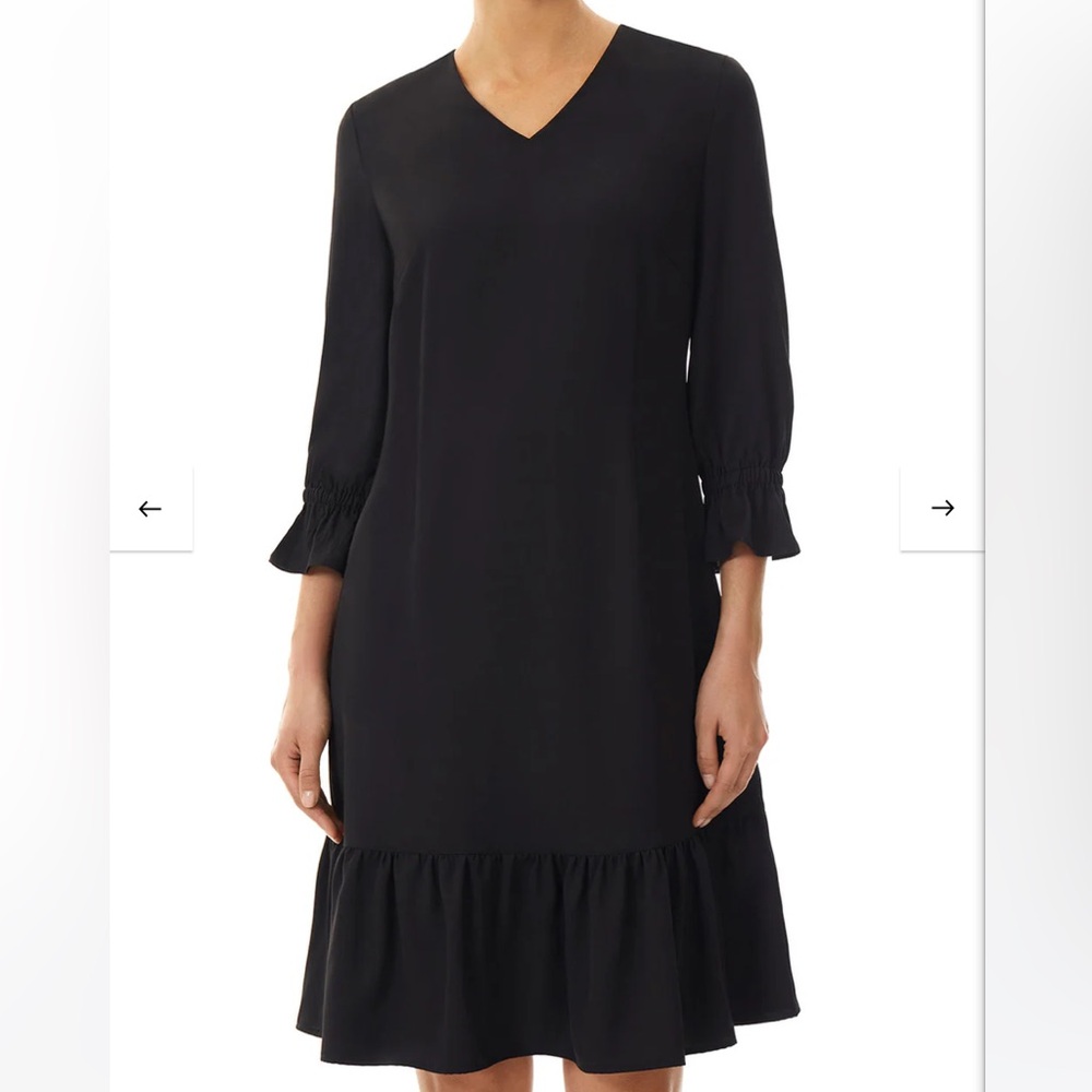Ming Wang Flounce Hem Gathered Sleeve Crepe de Chine Dress, Black New XL